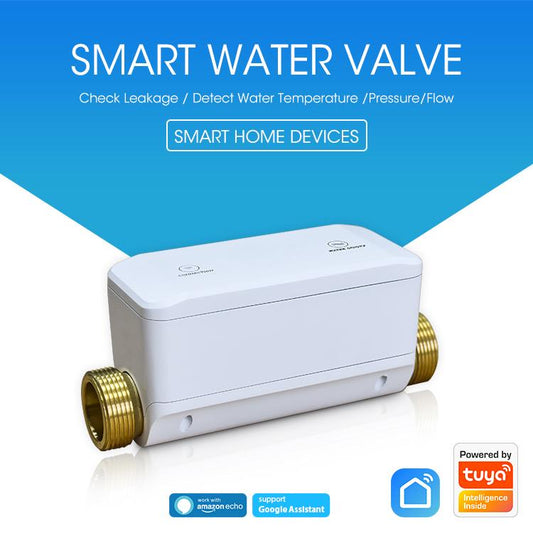 White smart water valve with brass threaded ports and top status icons