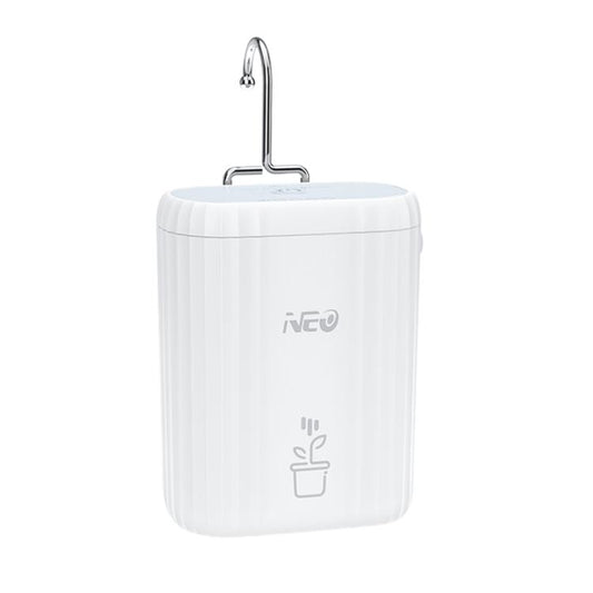 NEO WiFi smart drip irrigation controller, white with water outlet pipe, front view