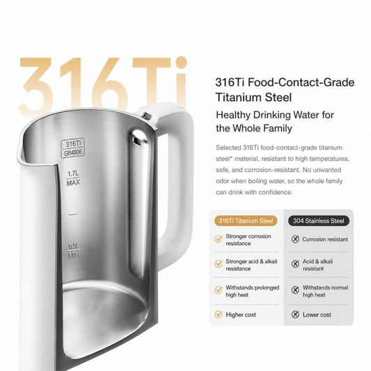 White electric kettle with stainless steel inner chamber and visible heating area.