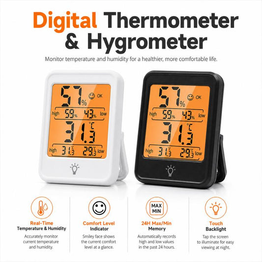 Digital temperature and humidity monitor with white and black displays, stand design