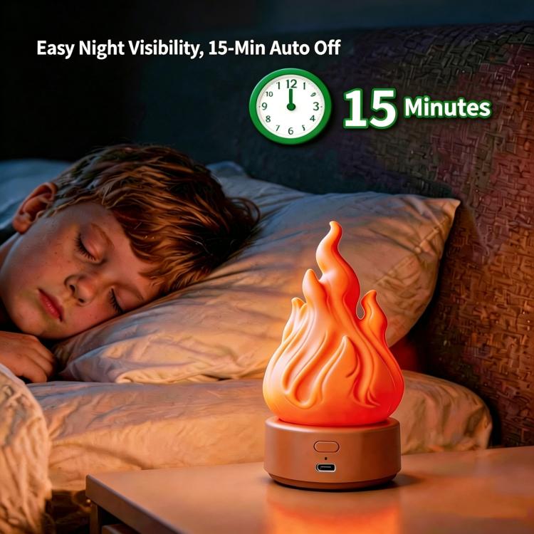 Orange LED simulated flame lamp on nightstand, soft warm glow with auto-off design