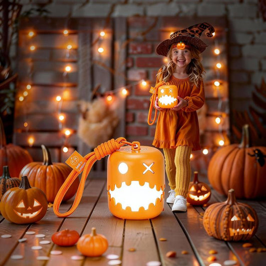 Glowing orange pumpkin lantern night light with jack-o'-lantern face and handle.
