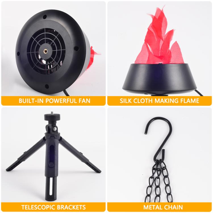 LED flame lamp detail collage showing fan, flame cloth, telescopic legs, and metal chain