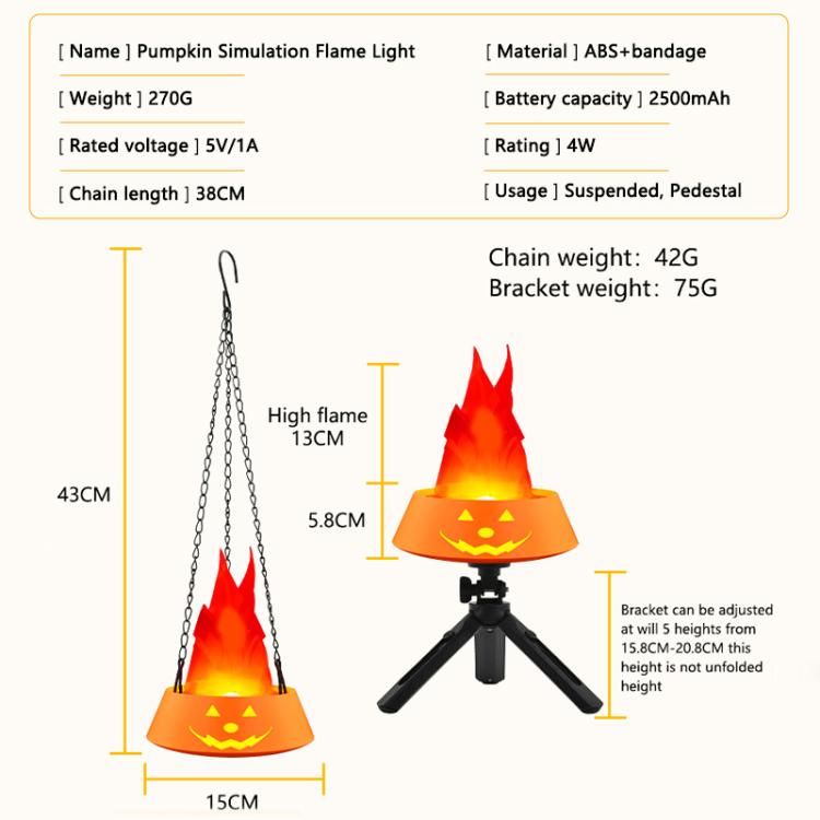 Pumpkin-shaped simulated flame LED lamp with hanging chain, size diagram and base details.