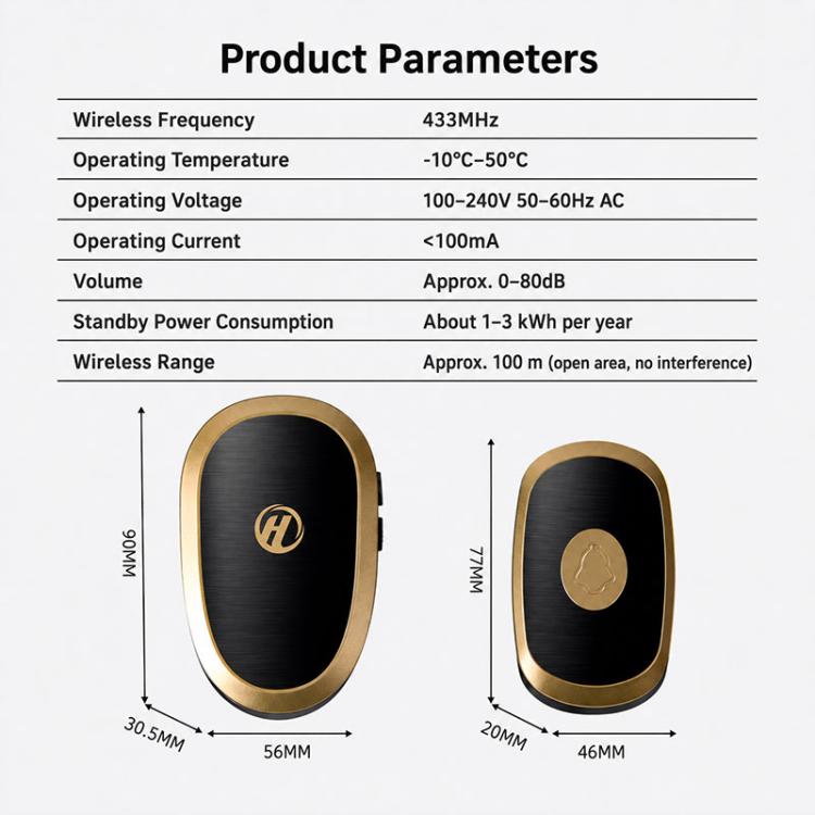 Black and gold wireless doorbell with size and dimension diagram
