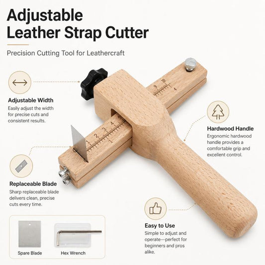Adjustable leather strap cutter with wooden handle, marked guide scale, and spare blade