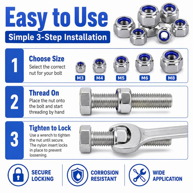 Anti-slip hexagonal nut plug set with shiny silver nuts and blue threaded inserts