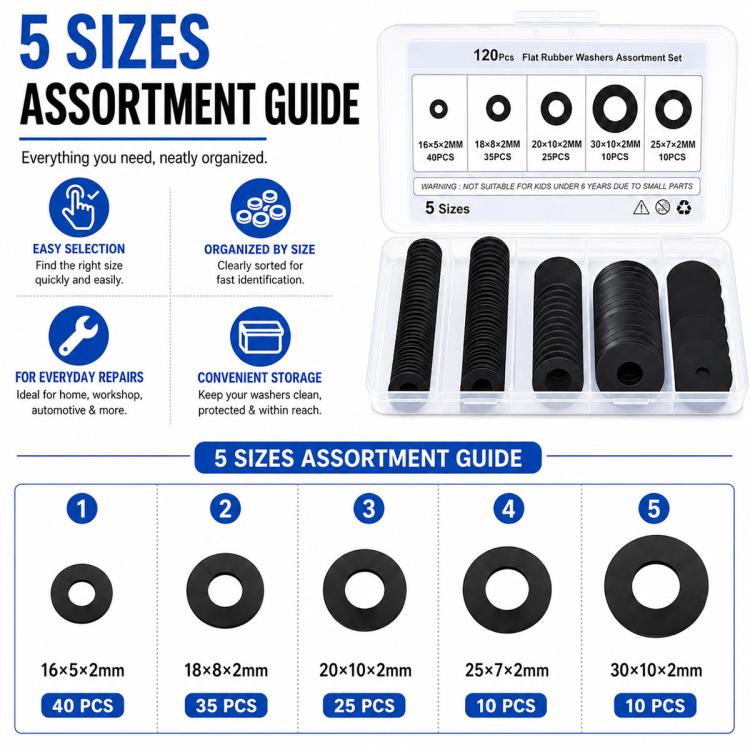 Black nylon flat washer insulating round spacers set, 5 sizes assortment, 120 pcs