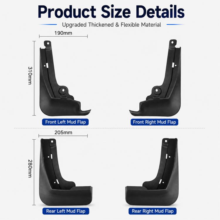 Mud flap size details: black front and rear splash guards with mounting points