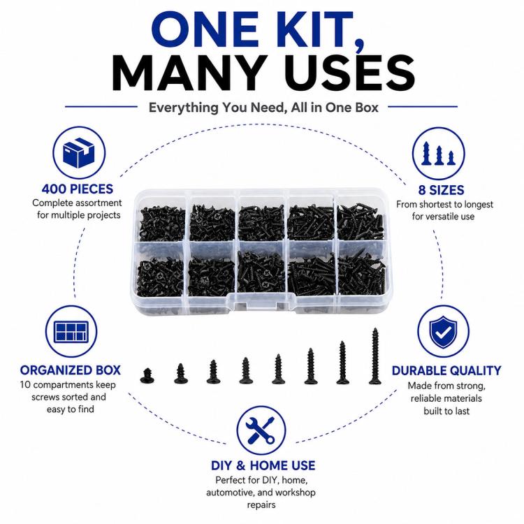 M2 Phillips self-tapping screw set: 400-piece assortment in plastic organizer tray