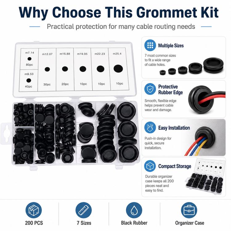 Black waterproof seal rubber ring grommet kit with storage case