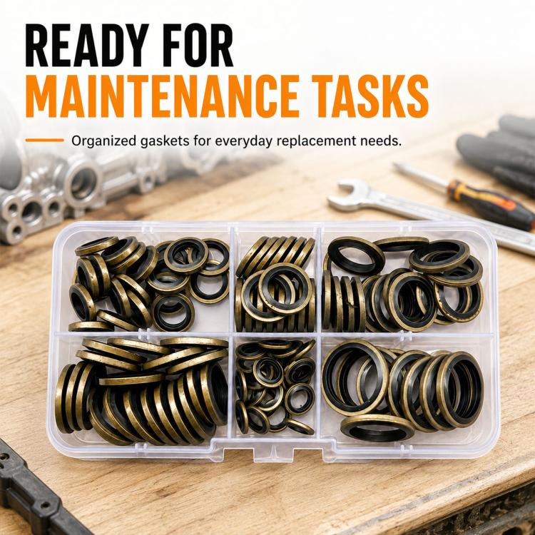 Assorted rubber seal fixing rings and flat washers in a clear plastic organizer box
