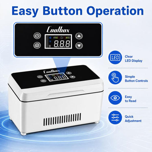 White cooling box with black control panel, LED screen, and button controls