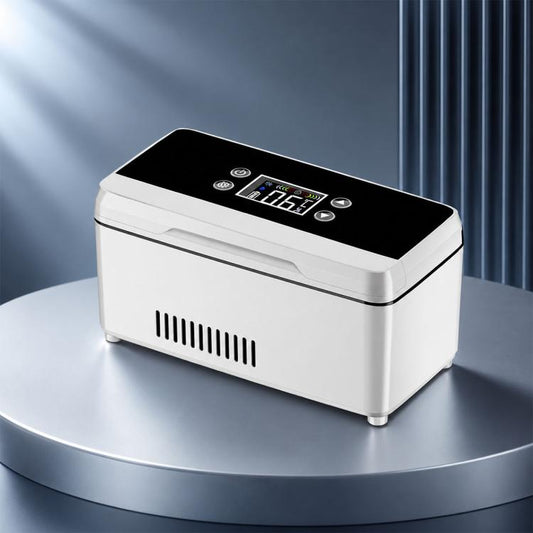 White portable cooling box with black control panel and LED temperature display