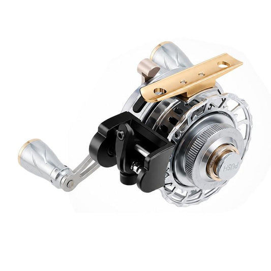 Metal baitcasting fishing reel with gold plate, silver frame, and silver handle grips