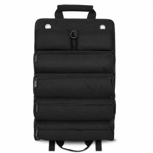 Black roll-up handheld repair tool storage bag with carry handle and multiple front pockets