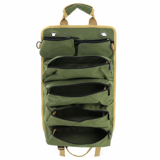 Green roll-up repair tool storage bag with top handle, expandable front compartments, and zip pocket