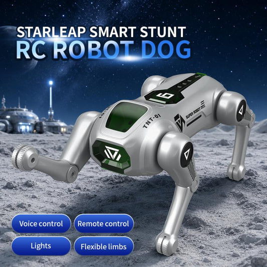 Silver RC stunt robot dog on moonlike terrain with glowing lights and flexible limbs