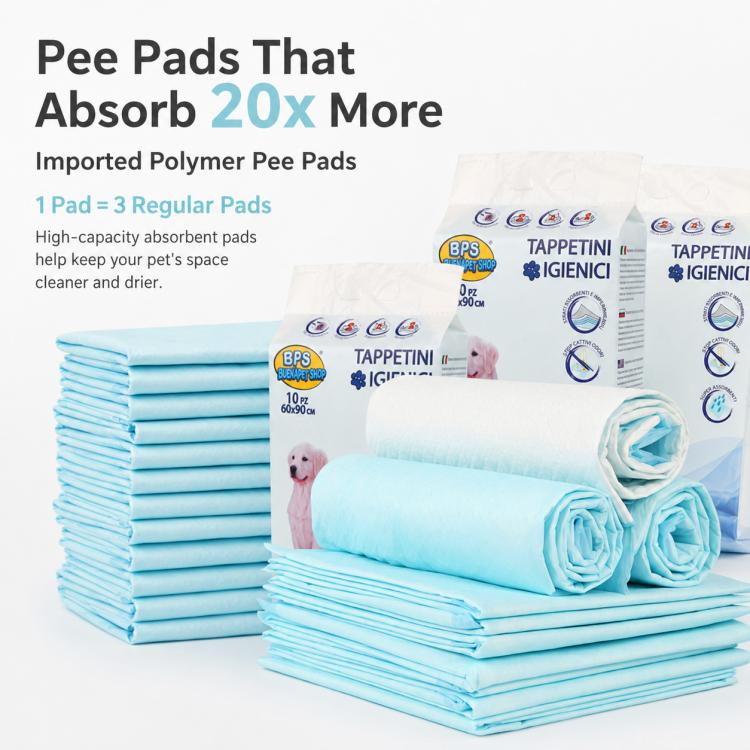 Pack of light blue pet urine pads, 60 x 90 cm, stacked with folded pad rolls.