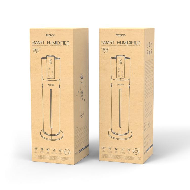 Smart humidifier retail box packaging with tower humidifier illustration