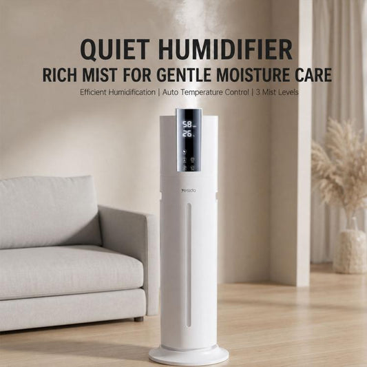 White ultrasonic humidifier with top digital screen and side water level window.