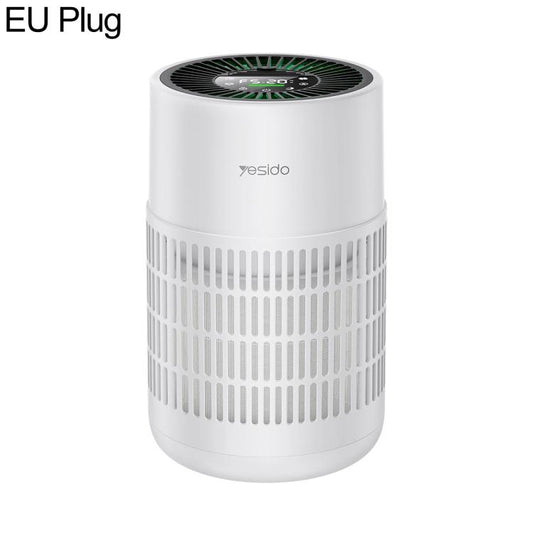 White Yesido compact desktop air purifier with EU plug, cylindrical design and vented sides