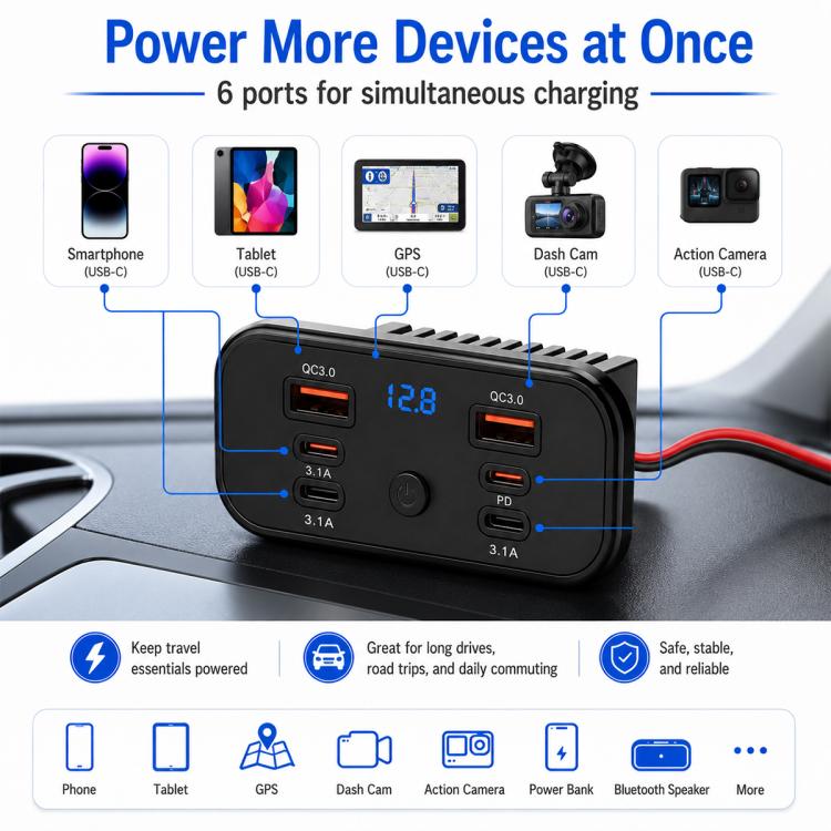 Black 6-port USB car charger with voltmeter and USB-C and USB-A outputs