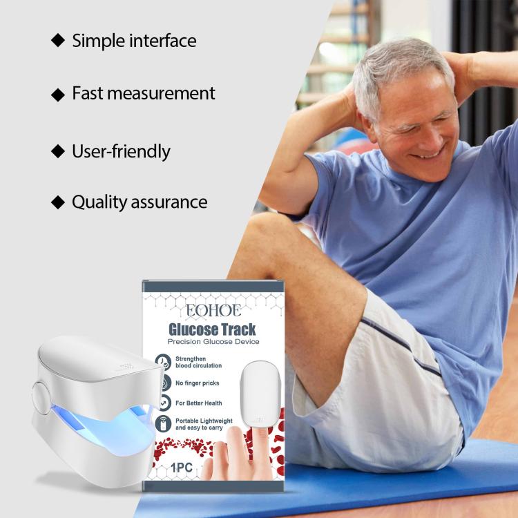 White handheld glucose track device with blue light strip and display, with retail box