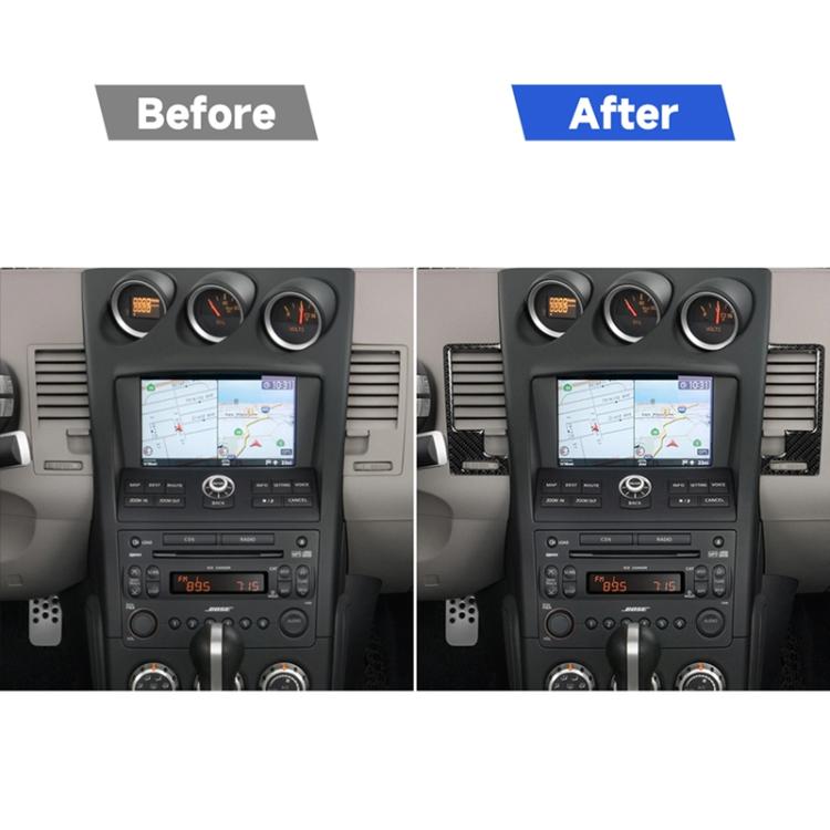 Before-and-after view of carbon fiber vent trim sticker installation on dashboard