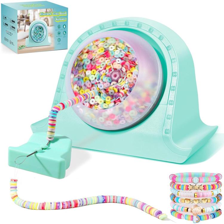 Mint green electric clay bead spinner with clear bowl and rainbow beading cord