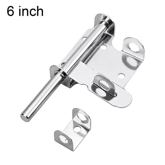 6-inch stainless steel slide bolt latch with mounting plates and latch handle.