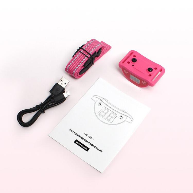 Pink cat training collar kit with control unit, USB cable, and instruction sheet