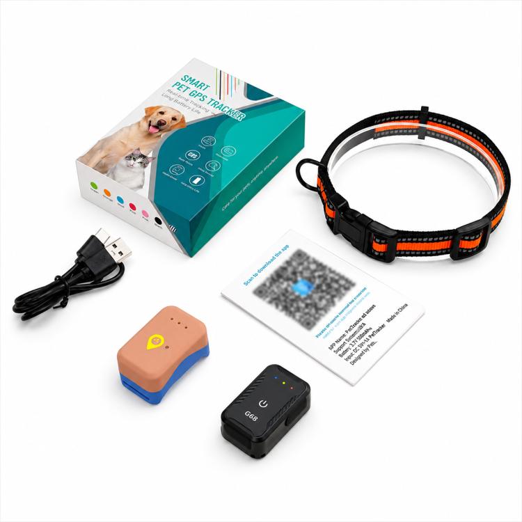 Black adjustable GPS pet tracker collar with orange trim, small tracker device and accessories