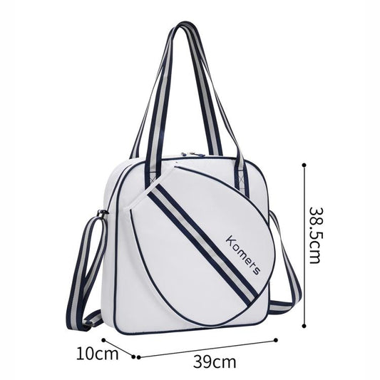 White and navy tennis sports bag with tall handle, curved front panel, compact rectangular base