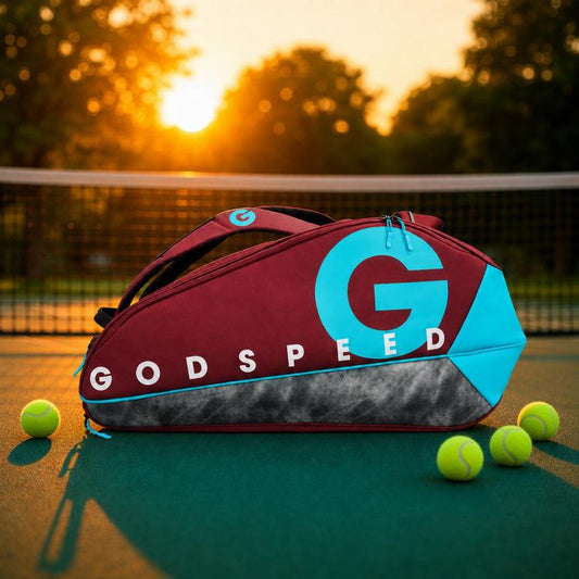 Large sports racket bag in red with teal trim, dark base, and GODSPEED G logo