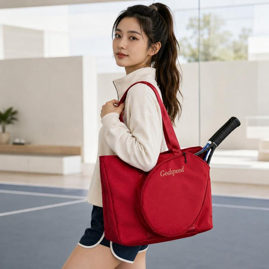 Red sports travel tennis racket tote bag with carrying handles and side racket sleeve