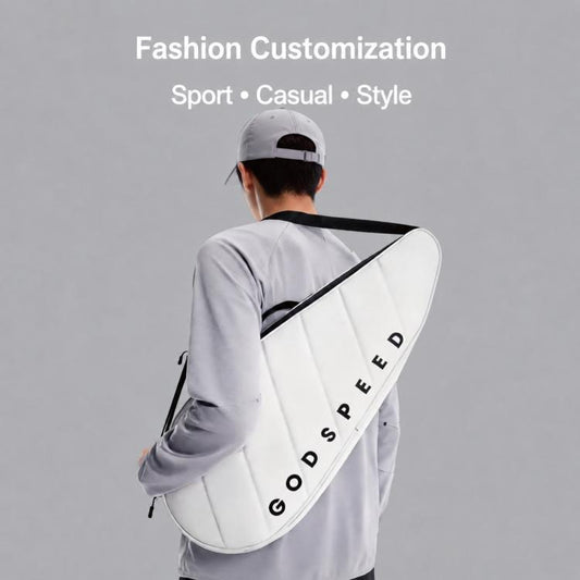 White racket sports bag carried crossbody-style with GODSPEED logo on back.