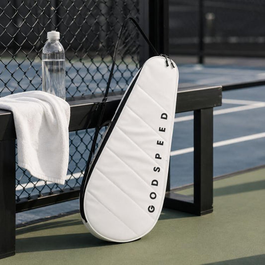 White single-shoulder racket sports bag with GODSPEED lettering and zipper.