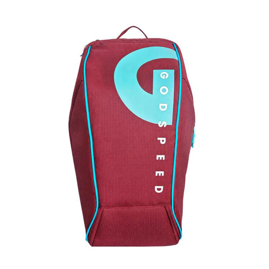 Red sports racket backpack with top handle, teal piping, and front logo panel