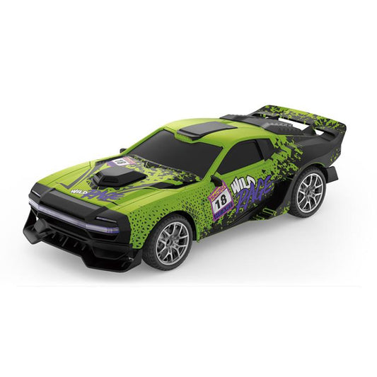 Green graffiti drift RC car with black hood and front grille, silver wheels.