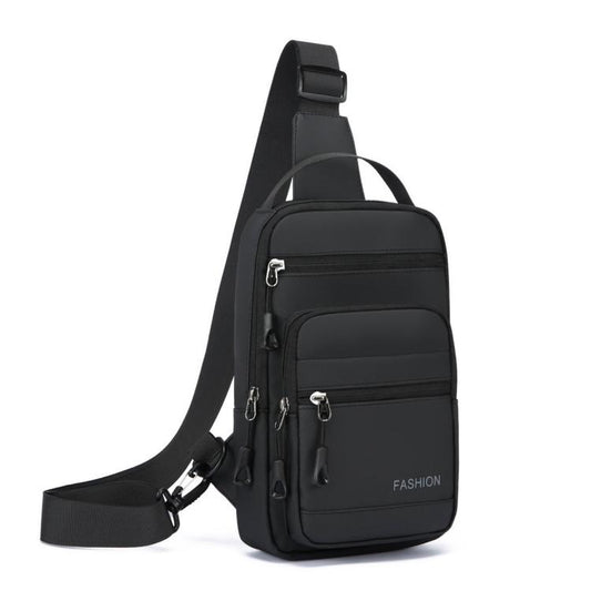 Black crossbody chest bag with front zip pockets, front hanging straps, and adjustable shoulder strap