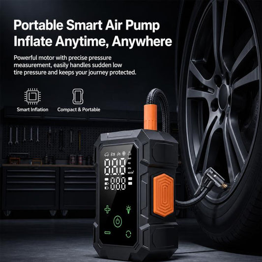 Portable smart air pump with orange top, blue hose, and dual digital display on black body