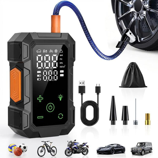 Portable dual-screen tire inflator with LCD display, orange side grips, and blue air hose