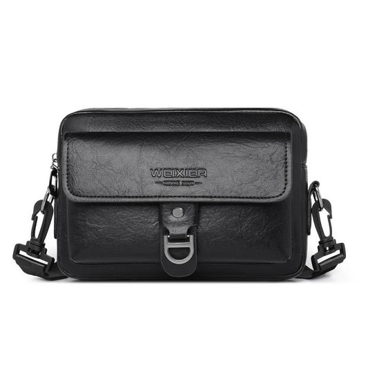 Black PU leather crossbody sling bag with front flap and metal buckle clasp