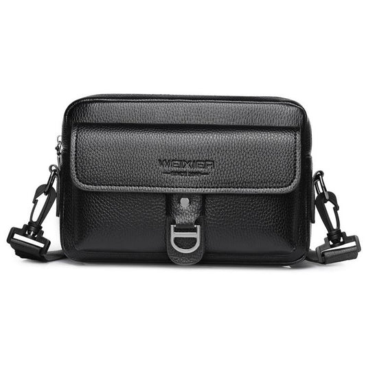 WEIXIER lychee-textured crossbody bag, black, front flap with silver buckle