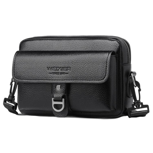 WEIXIER lychee-textured crossbody bag, black, front view with adjustable strap