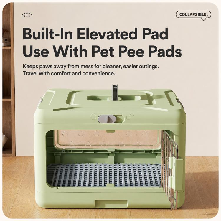 Green foldable pet carrier crate with built-in elevated tray for pee pads