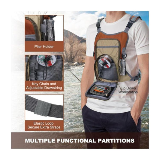 Multi-pocket fishing chest bag with elastic loops, key chain drawstring, and zip-down workstation