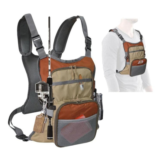 Orange and tan waterproof chest fishing bag with mesh front pocket and adjustable straps