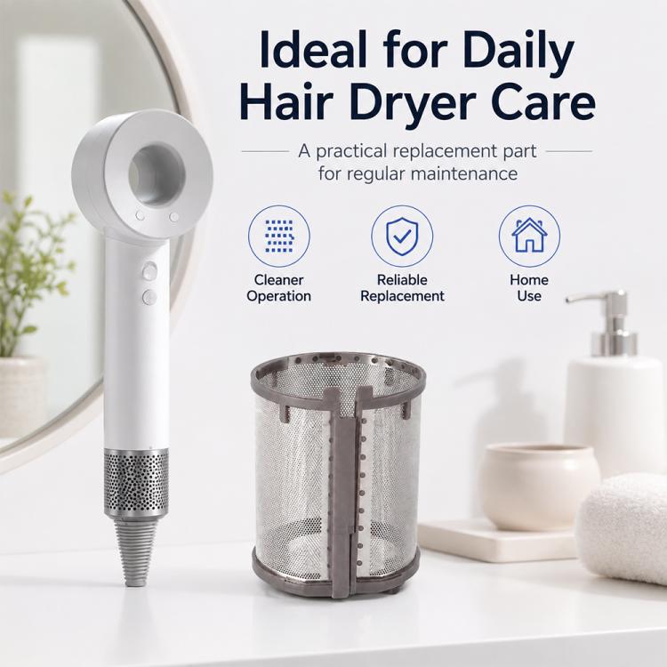 Internal dust filter mesh cylinder for Dyson hair dryer, shown with hair dryer nozzle